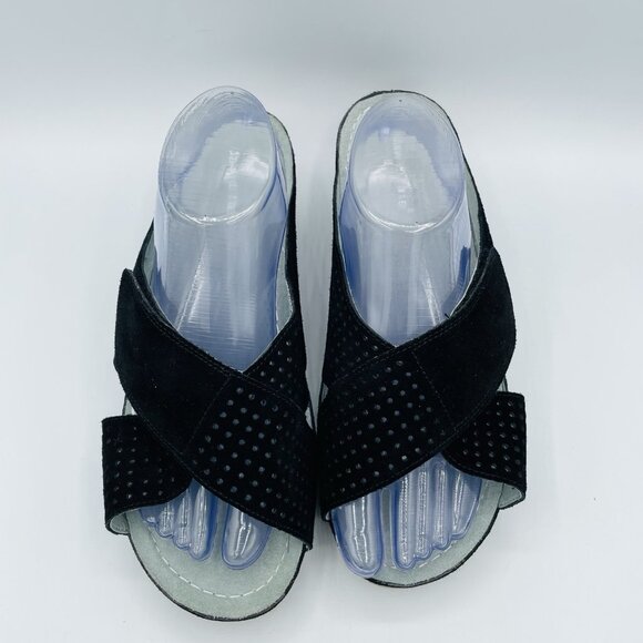 David Tate Shoes Womens 10 WW Wide Black Suede Leather Laser Cut Wedge Sandals - Picture 5 of 12